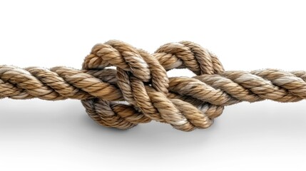 A close-up of a single knot tied in a thick, woven rope, isolated against a white background.