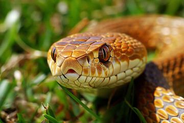 Obraz premium A snake glides gracefully through tall grass in a sunlit field on a warm afternoon