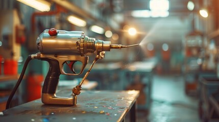 Fototapeta premium Close-up of a silver and red industrial spray gun with a nozzle pointed toward the right. The gun is sitting on a workbench in a workshop with blurry background.