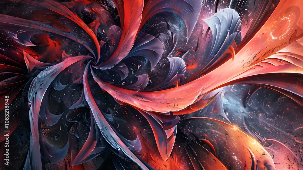 Poster abstract fractal art depicting a swirling and intricate pattern of shapes against a cosmic backgroun