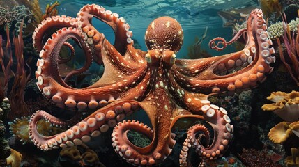 Obraz premium Vibrant Octopus Swimming Among Coral Reef Life