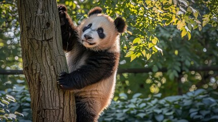 Fototapeta premium Playful Panda Climbing a Tree in Natural Habitat