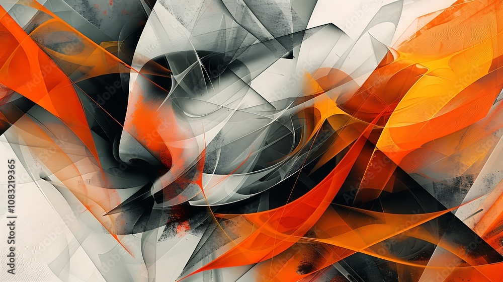 Poster abstract artwork featuring dynamic shapes in bold colors, showcasing a blend of digital and traditio