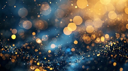Golden light shine particles bokeh on navy blue background. Holiday. Abstract background with Dark blue and gold particle, shine, bright, sparkle, magical, glittering, texture, effect, space