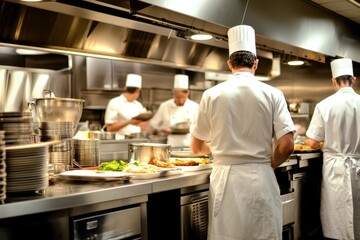 Busy restaurant kitchen with chefs working together showcasing teamwork culinary precision and vibrant food preparation in a professional environment