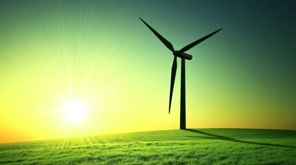 Obraz premium A wind turbine stands tall in a field of green grass, with the sun setting behind it. The blades of the turbine are spinning in the wind.
