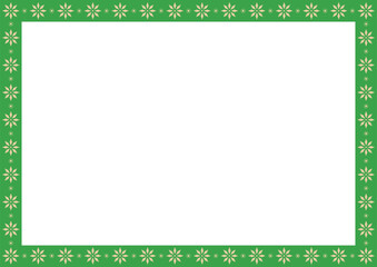 Winter snowflake decoration green ribbon border frame on white background.