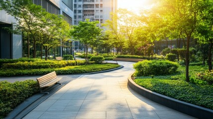 Obraz premium A winding paved pathway through a lush, green park, with a bench on the right, leads to a modern building in the background under a bright, sunny sky.