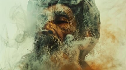 Naklejka premium A serene portrait of an elderly man surrounded by swirling smoke, evoking a sense of contemplation and tranquility.