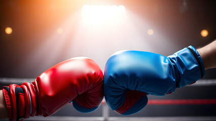 Red and blue boxing gloves facing each other, symbolizing the sport of boxing and the clash between opponents