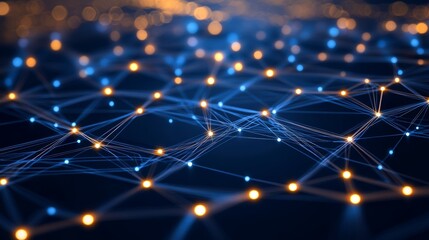 Fototapeta premium Abstract blue and gold network pattern with glowing nodes.