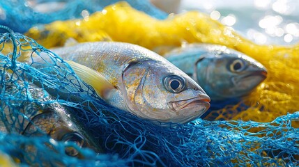 A close-up shot of fish entangled in colorful fishing nets, showcasing the impact of human activity on marine life and the environment.