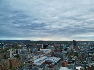 Fototapeta premium Aerial View of Historical Sheffield City Centre Which is Located at English county of South Yorkshire United Kingdom. April 29th, 2024.