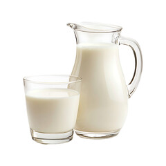 A glass of milk and a milk jug isolated on transparent background