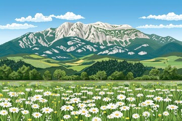 Obraz premium A serene landscape featuring a vibrant field of daisies in the foreground and majestic mountains under a clear blue sky.