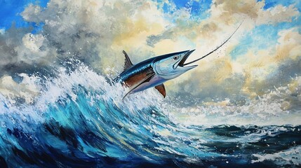 Fototapeta premium An Atlantic sailfish swimming gracefully through the ocean, showcasing its iconic sail-like dorsal fin, sleek body, and vibrant colors as it moves swiftly through the water in its natural habitat