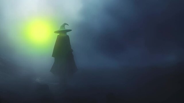Silhouette of mystic wicked witch in black hat and dress on dark background. Halloween holiday. Witches sabbath on Walpurgis night. Black magic and paganism concept