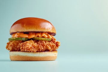 A delicious chicken sandwich with crispy fried chicken, pickles, and spicy mayo on a brioche bun, set against a light blue background with ample blank space for commercial use text