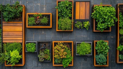 An aerial view of a series of wooden and metal planters filled with various green plants and flowers.