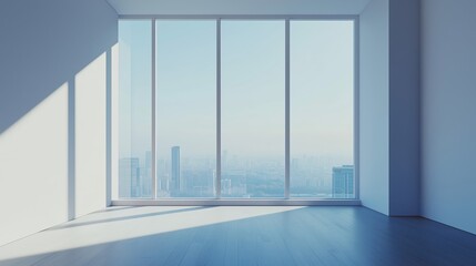 Fototapeta premium Interior view of an empty room in a skyscraper, showcasing the cityscape during the day. The skyline view from a high-rise window offers a gorgeous property with a stunning view.