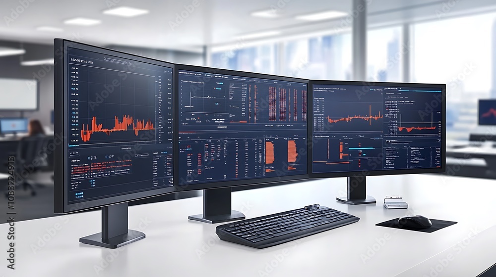 Poster a modern office setup featuring multiple monitors displaying data analytics and graphs.
