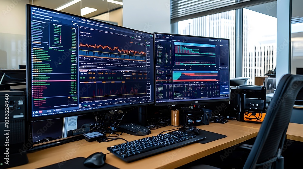 Poster dual computer monitors displaying stock market data and analytics in a trading environment.