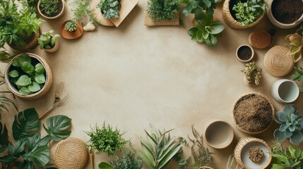 Flat lay of various house plants and gardening tools forming a frame on a light brown background with copy space.