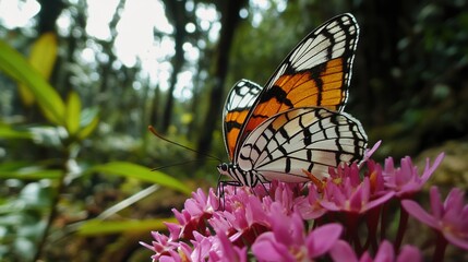 Obraz premium Close-Up Shot of a Butterfly Perched on a Bright Pink Flower, Capturing the Delicate Beauty and Vibrant Colors of Nature.