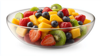 A colorful fruit salad with diced mango, kiwi, strawberries, and blueberries, served in a clear glass bowl with a white background.