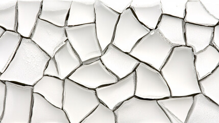 The image features a textured surface of irregular, broken white ceramic pieces, creating a visually intriguing mosaic pattern.