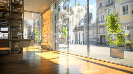 Fototapeta premium Modern office space with large windows overlooking a city street, sunlight streaming in, wooden floors, and a bookshelf in the background.