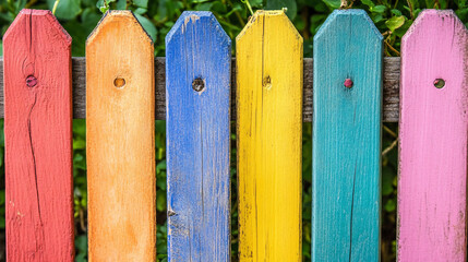 Fototapeta premium A colorful wooden fence with planks painted in vibrant hues, enhancing the cheerful and playful ambiance of an outdoor space.