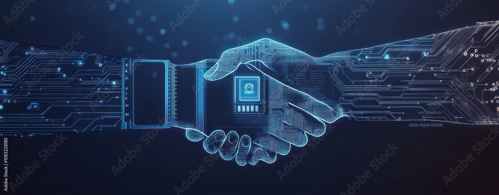 Poster A digital handshake symbolizing collaboration in technology and security.