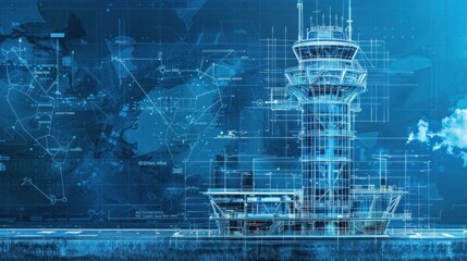 A 3D rendering of an airport control tower with a blue background and a world map.