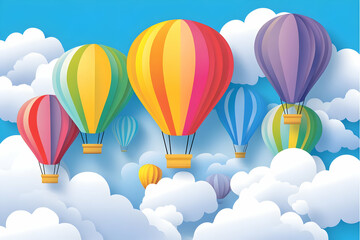 Fototapeta premium Colorful hot air balloons floating among fluffy clouds in a bright blue sky.