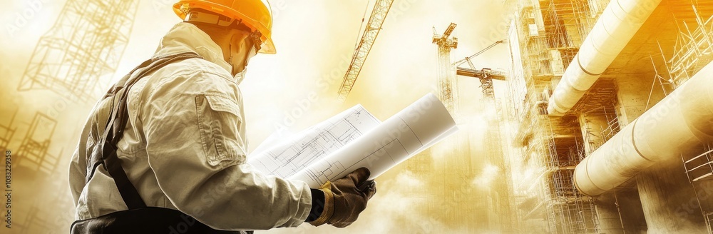 Poster A construction worker examines blueprints on a site with cranes and pipes in the background.