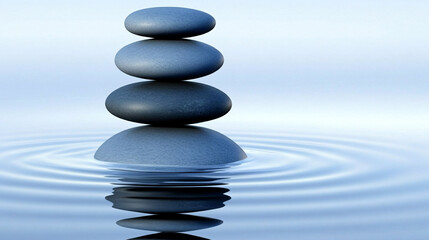 Obraz premium A serene stack of smooth stones resting above gentle ripples in calm water, symbolizing tranquility and balance.