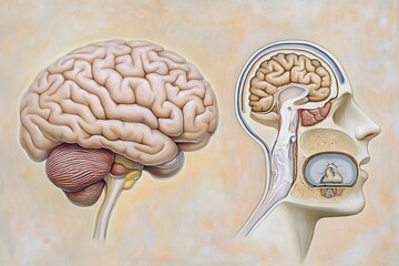 Artistic anatomical drawing showing two human brain cross sections one focusing on the auditory cortex highlighting sensory neuroscience and brain functions