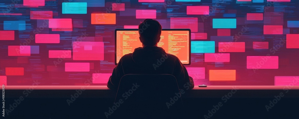 Poster a silhouetted figure sits at a computer, surrounded by vibrant code snippets on a colorful backdrop,