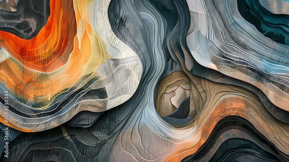 Poster abstract artwork featuring layered curves and bold color combinations creating a dynamic and texture