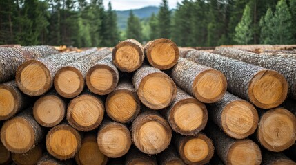 Sustainable Forestry Image Featuring Stacked Timber Logs in Lush Forest with Pine Trees, Mountain Views and Wood Industry Concepts in Natural Landscape