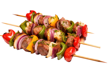 meat skewer with cheese and vegetables on transparent background