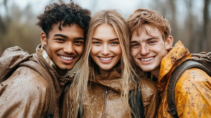 Fototapeta premium Three friends are gathered together under a light rain, wearing matching yellow rain jackets. They smile brightly against a backdrop of trees with autumn foliage