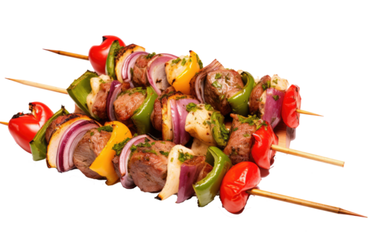 meat skewer with cheese and vegetables on transparent background
