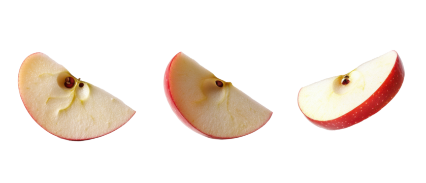 set of apple slices floating in the air, isolated on transparent background