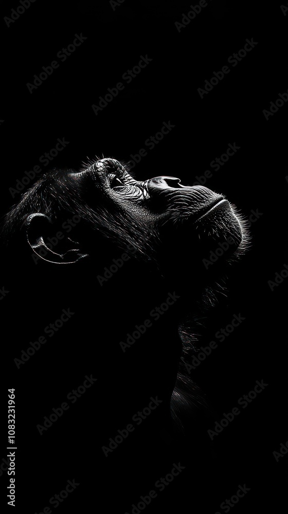 Poster a close-up of a monkey's face in profile against a stark black background.