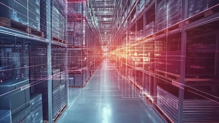 An empty warehouse aisle with a futuristic digital overlay that displays information about the warehouse.