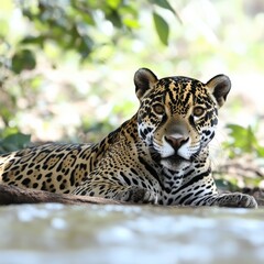 Obraz premium Majestic Jaguar in Natural Habitat: Wild Cat Beauty Resting Under Lush Greenery, Captivating Jaguar in Forest, Exotic Wildlife and Nature Photography