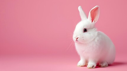 Obraz premium A cute white rabbit sitting on a pink background, showcasing its fluffy fur and expressive eyes.