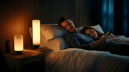 Naklejka premium Couple Sleeping Peacefully in Bed with Warm Ambient Lighting from Table Lamps, Nighttime Relaxation